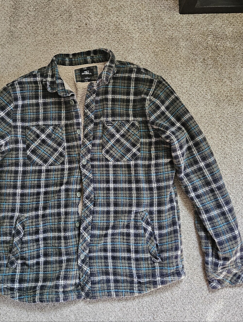 O'Neill Men's Green & Blue Plaid Sherpa Shirt Jacket
